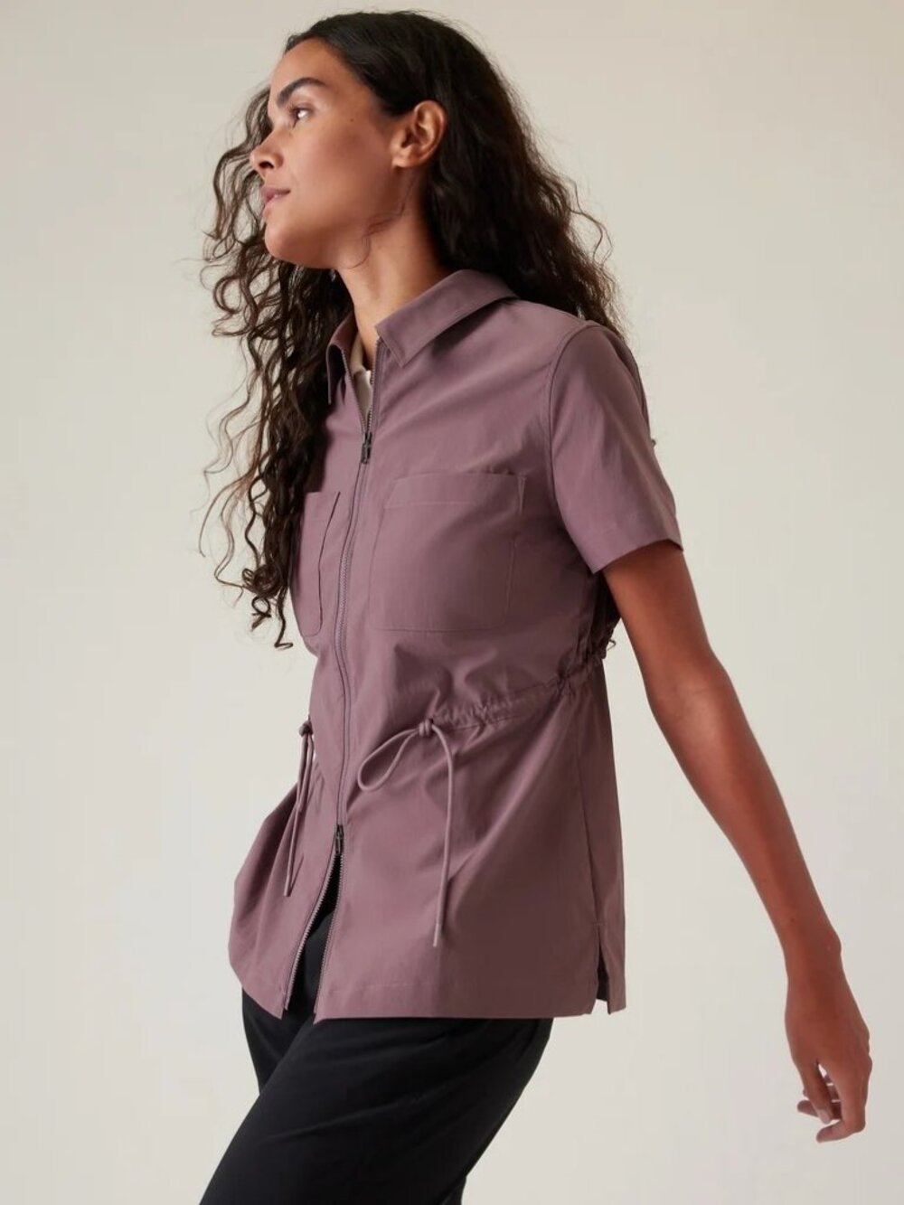 Athleta Advantage Cinch Top Mauve Purple Zip Front Short Sleeve Shirt Sz Medium